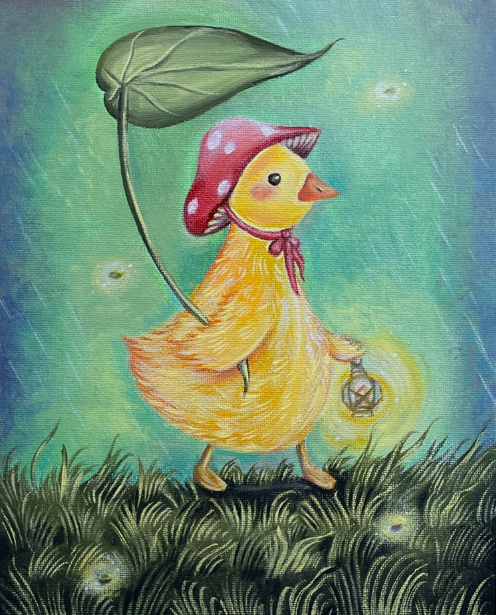 Duck in a mushroom cap carrying a tiny lantern
