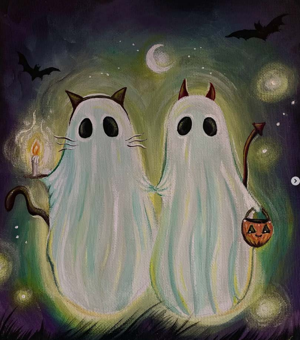 Two ghost-like cat characters at night