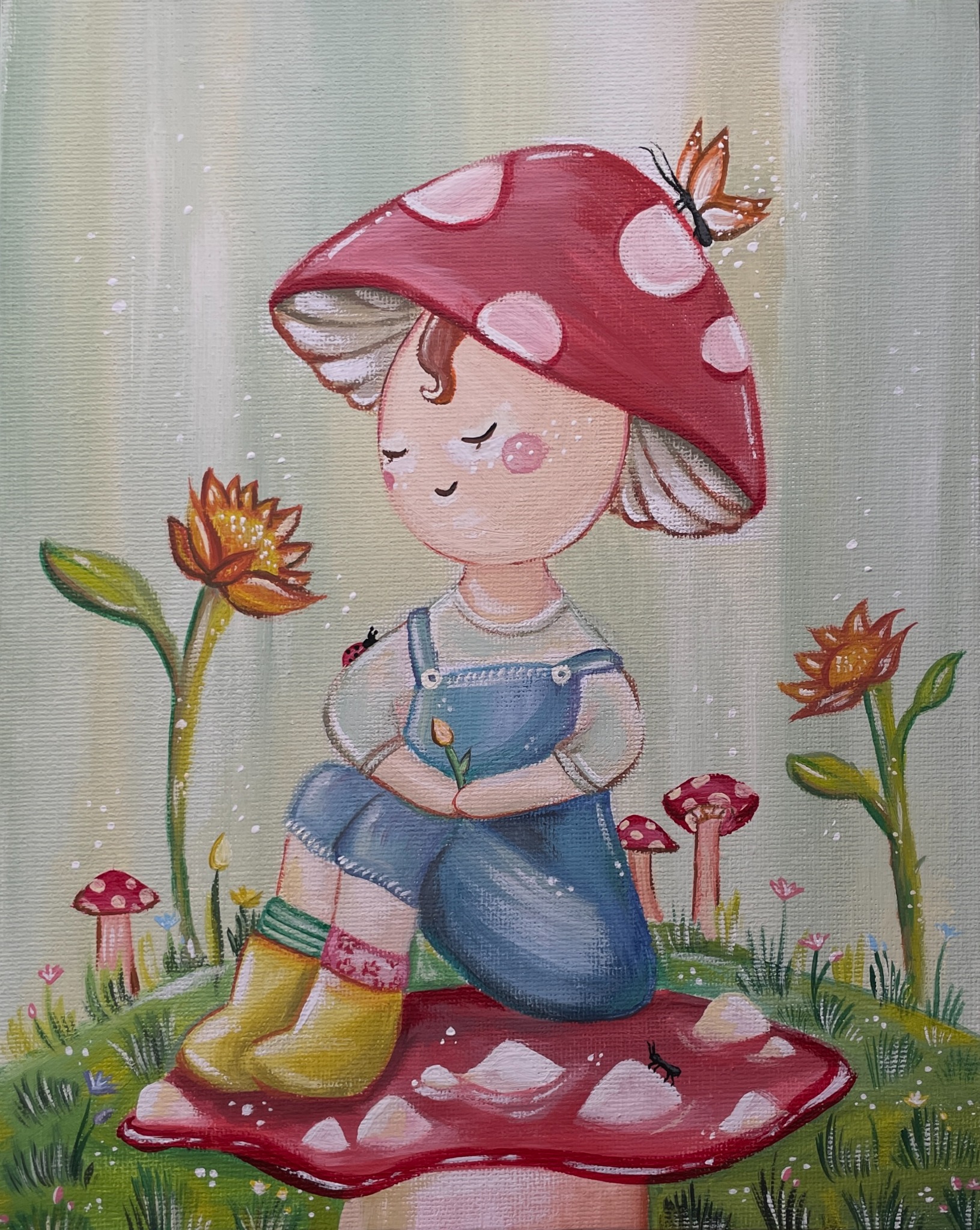 Mushroom-capped character sitting in a tiny garden