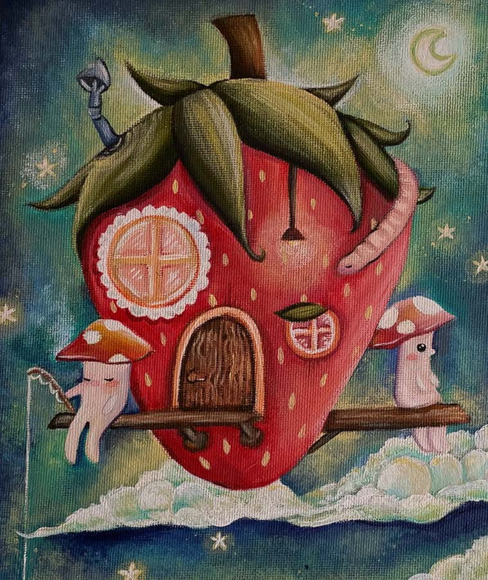 Whimsical strawberry house floating among clouds