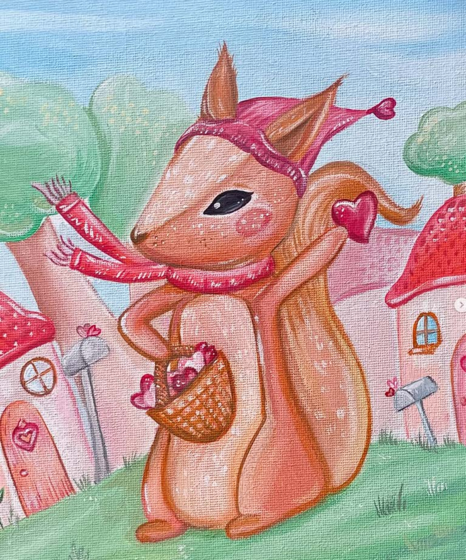 Squirrel character carrying hearts through a tiny village
