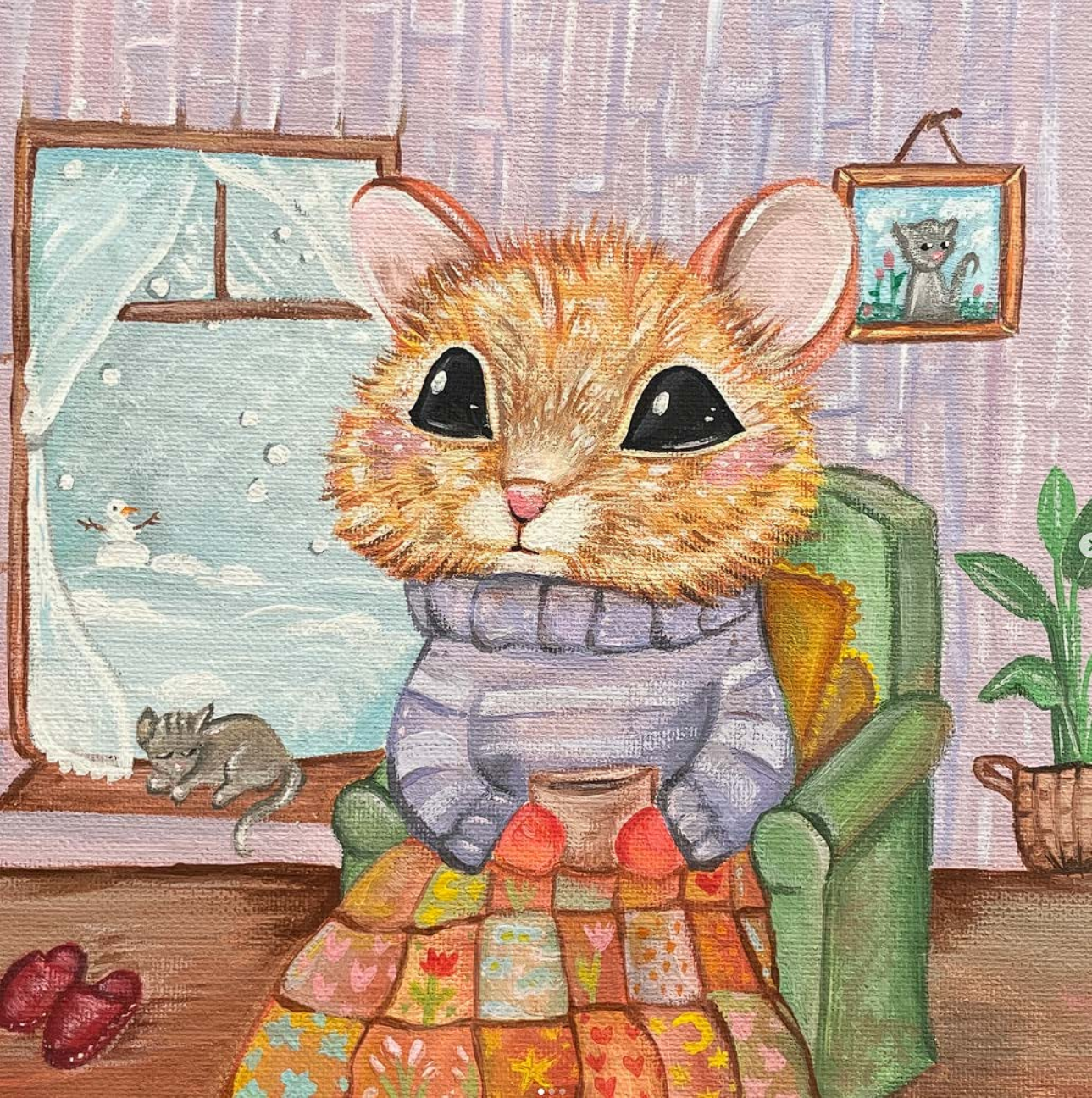 Small mouse bundled in a sweater by a snowy window