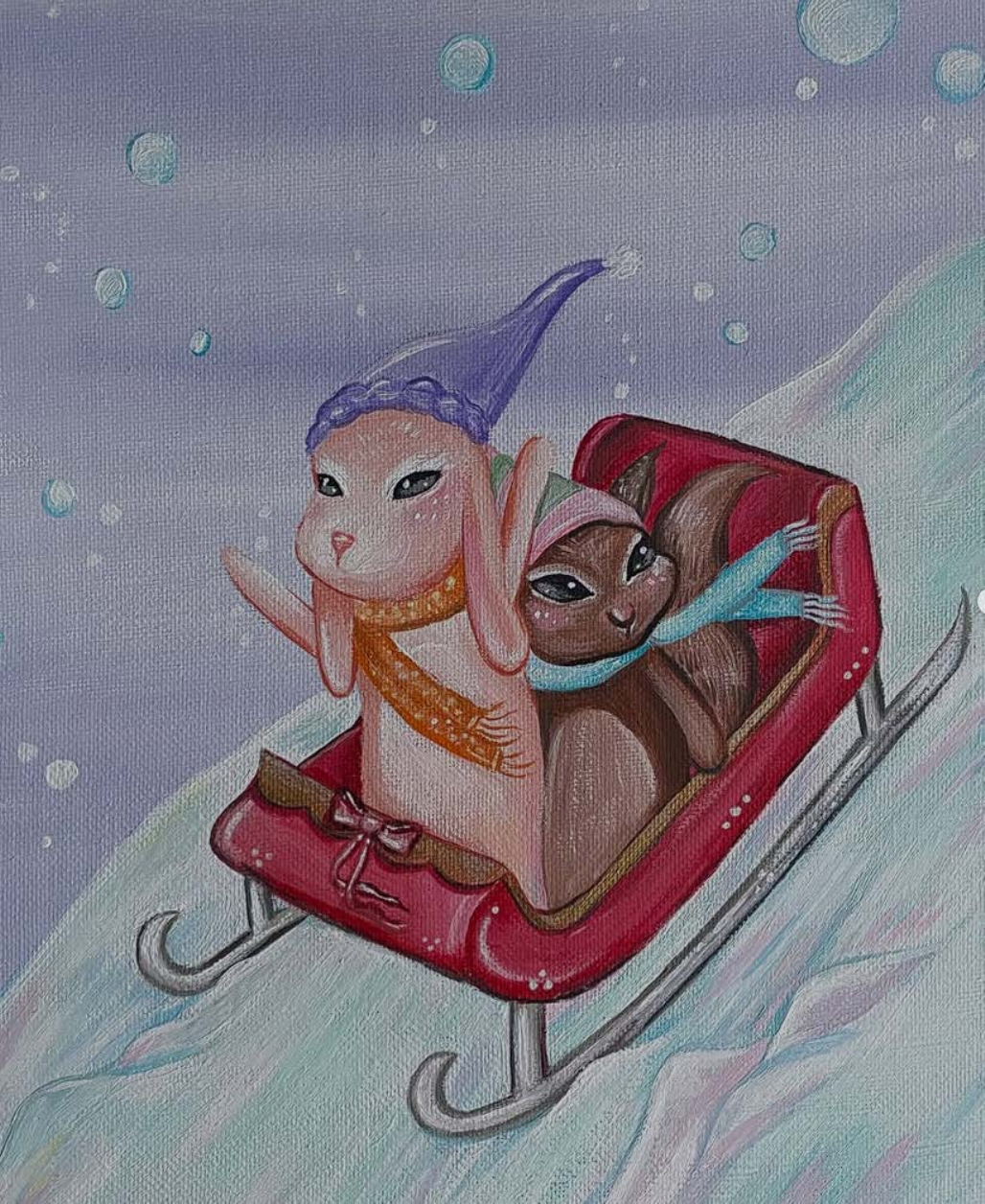 Two animal characters riding a red sled through snow