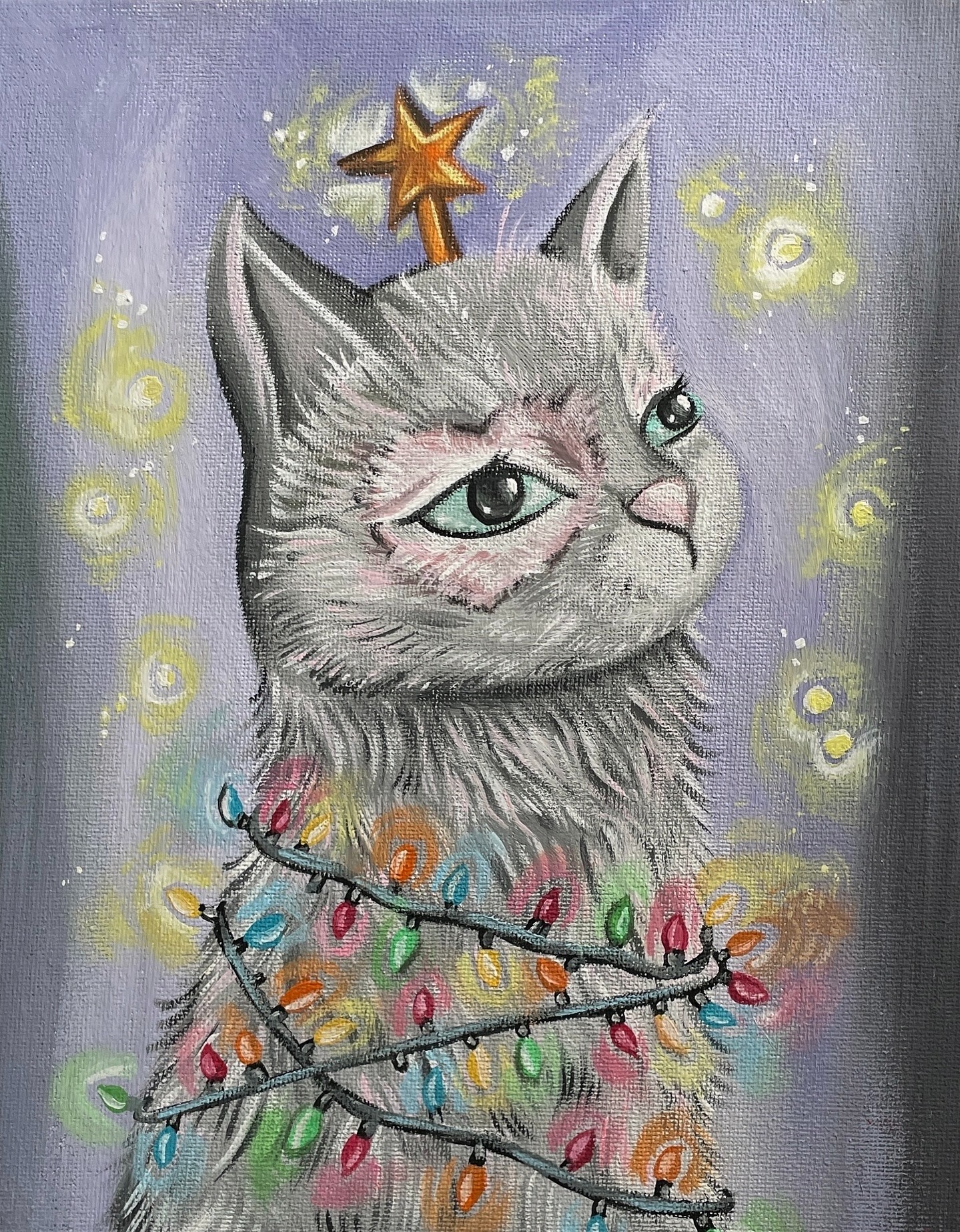 Gray cat wrapped in colorful lights beneath a star wand