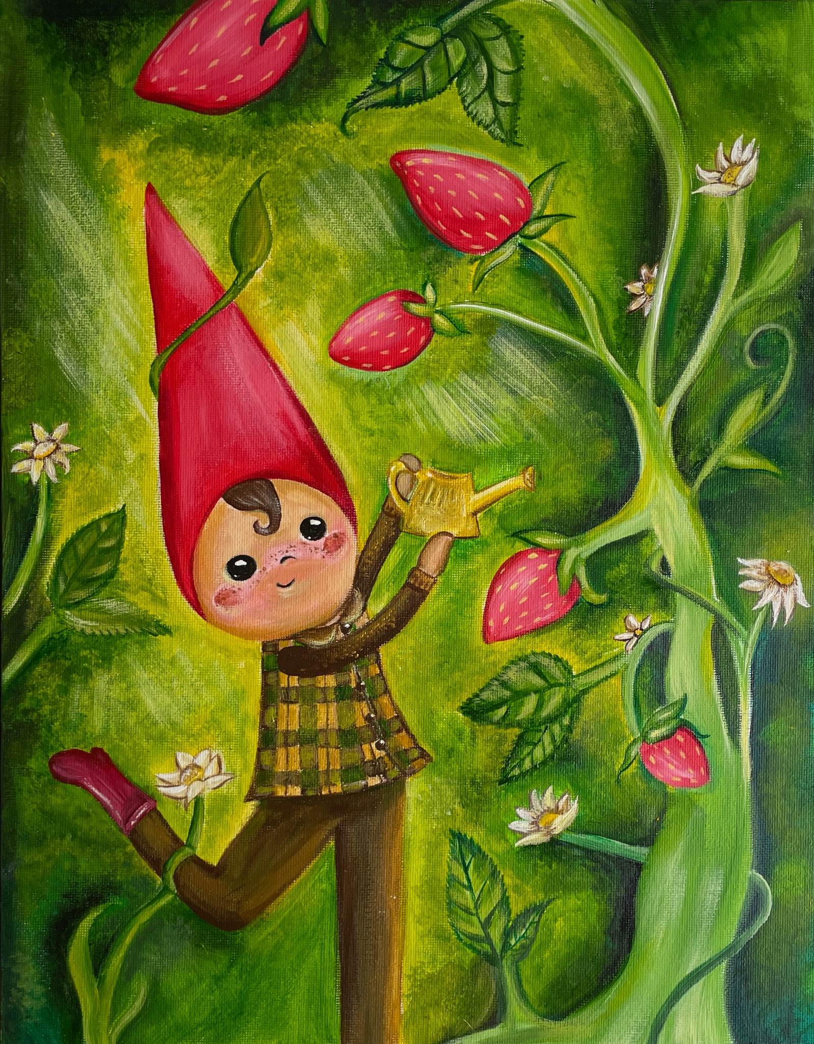 A tiny red-capped character watering an enormous strawberry plant
