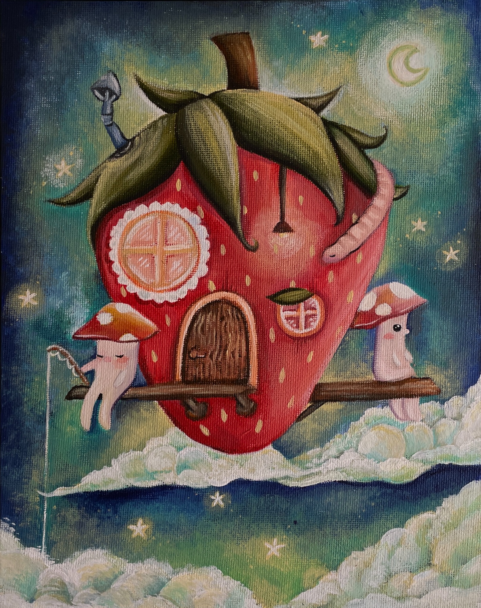 Whimsical strawberry-shaped house floating among clouds