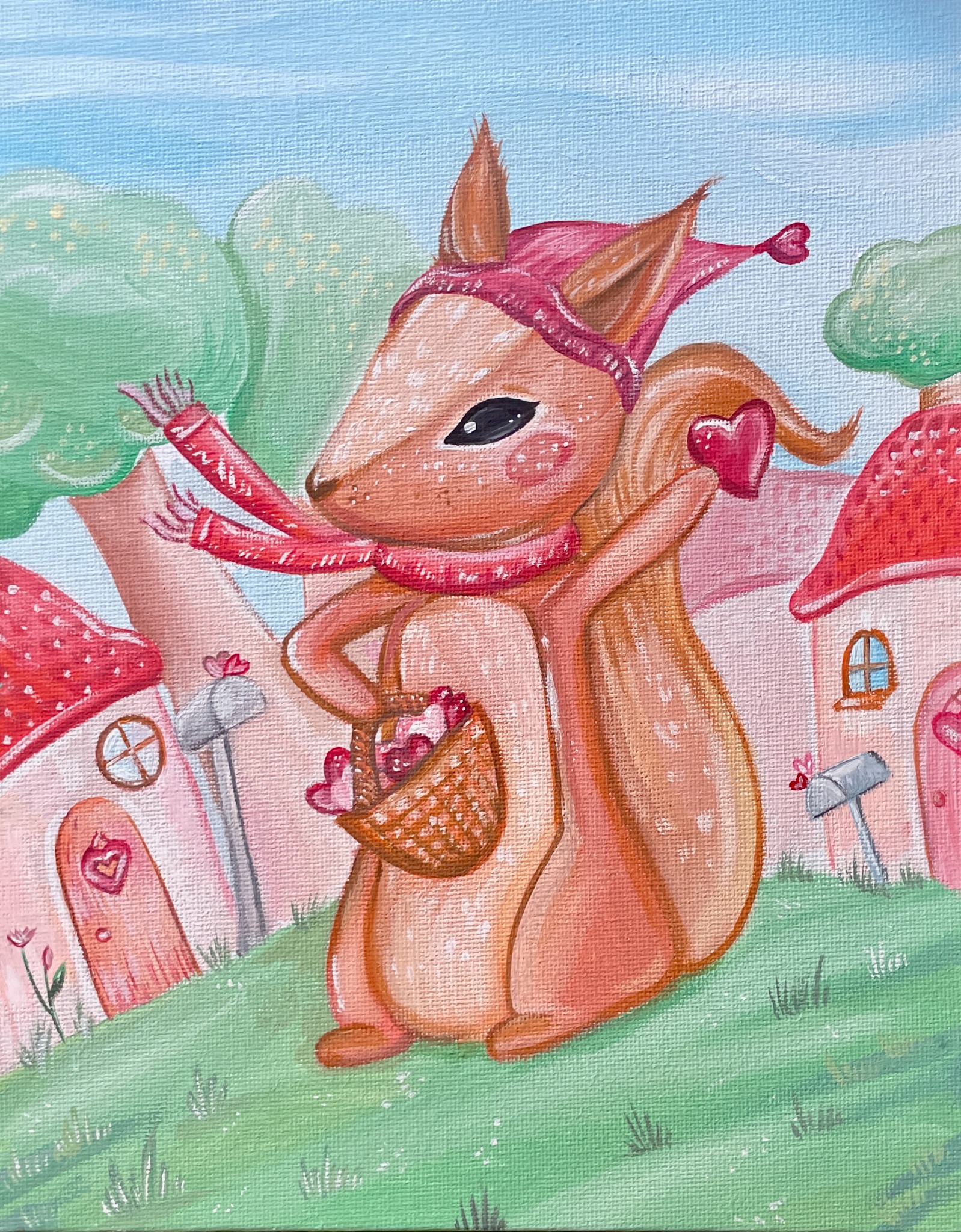 Squirrel carrying hearts through a tiny pink village